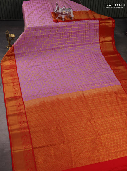 Semi kanchipuram silk saree lotus pink and red with allover zari checks & buttas and zari woven korvai border