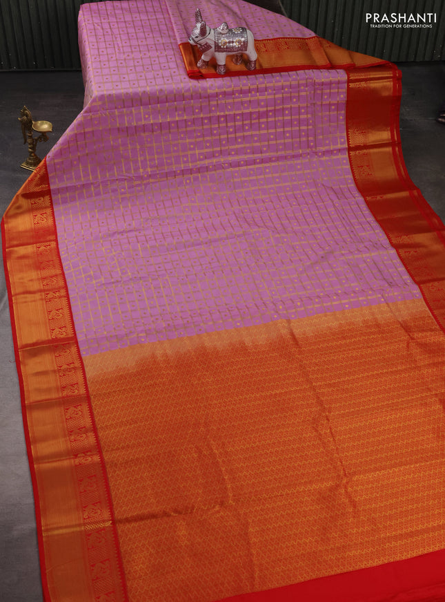 Semi kanchipuram silk saree lotus pink and red with allover zari checks & buttas and zari woven korvai border