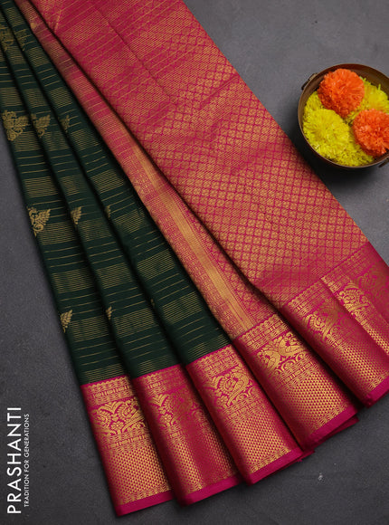 Semi kanchipuram silk saree bottle green and pink with allover zari weaves & buttas and zari woven korvai border