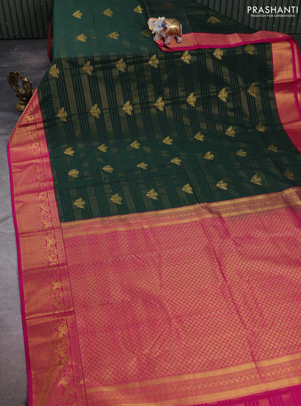Semi kanchipuram silk saree bottle green and pink with allover zari weaves & buttas and zari woven korvai border