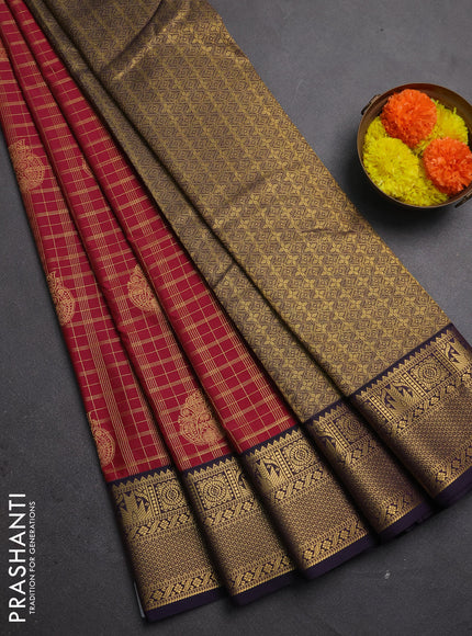 Semi kanchipuram silk saree maroon and jamun with allover zari checks & buttas and zari woven korvai border