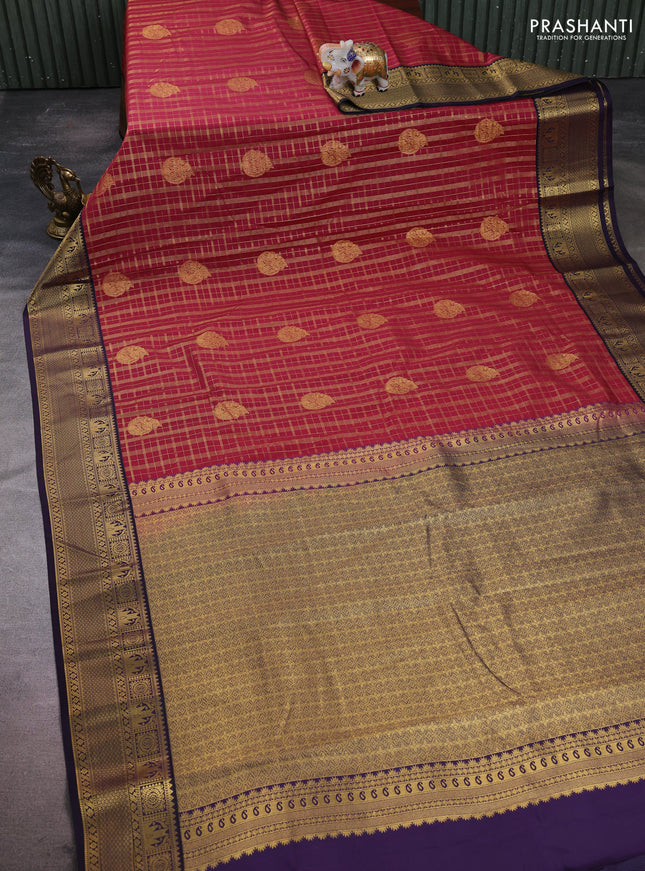 Semi kanchipuram silk saree maroon and jamun with allover zari checks & buttas and zari woven korvai border