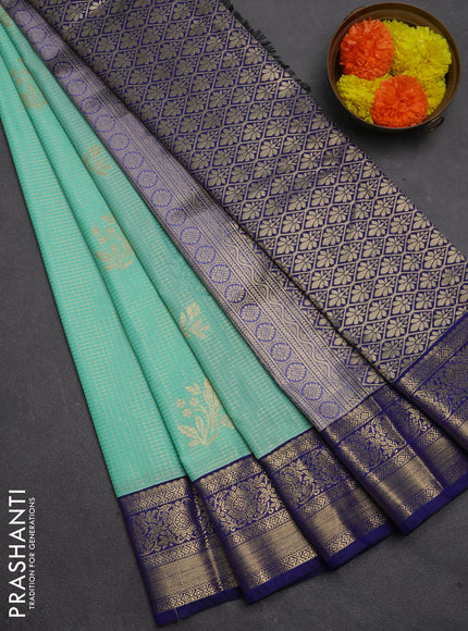 Semi kanchipuram silk saree teal green and navy blue with allover zari checks & buttas and zari woven border