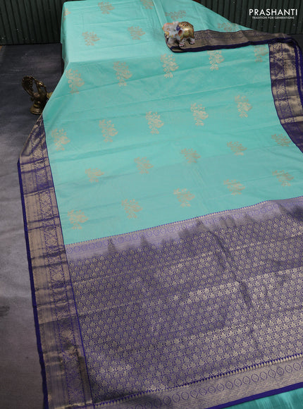 Semi kanchipuram silk saree teal green and navy blue with allover zari checks & buttas and zari woven border
