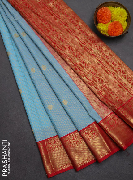 Semi kanchipuram silk saree light blue and red with allover small zari checks & buttas and zari woven border