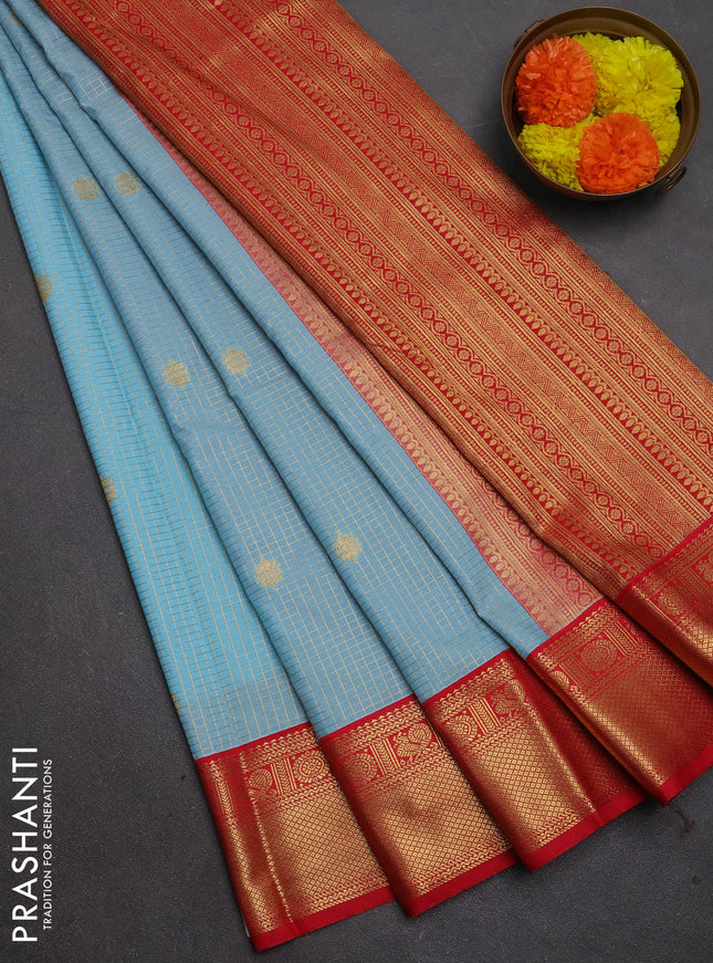 Semi kanchipuram silk saree light blue and red with allover small zari checks & buttas and zari woven border