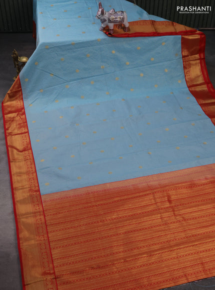 Semi kanchipuram silk saree light blue and red with allover small zari checks & buttas and zari woven border
