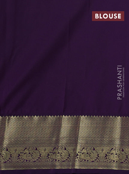 Semi kanchipuram silk saree beige and deep purple with allover zari checks & buttas and temple design zari woven border
