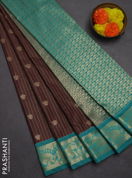 Semi kanchipuram silk saree coffee brown and teal green with allover zari checks & buttas and zari woven border