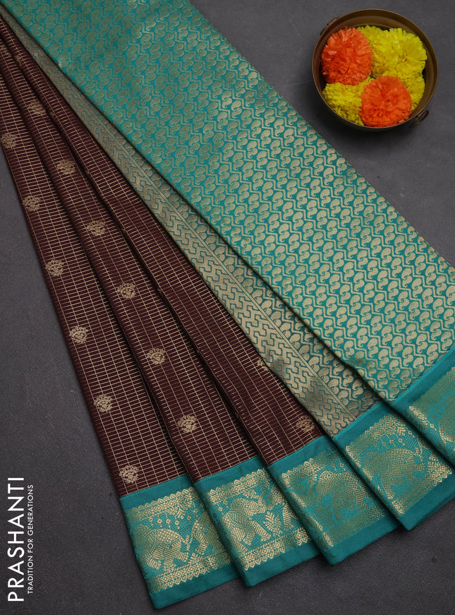 Semi kanchipuram silk saree coffee brown and teal green with allover zari checks & buttas and zari woven border