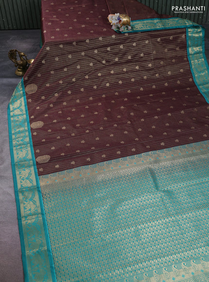 Semi kanchipuram silk saree coffee brown and teal green with allover zari checks & buttas and zari woven border