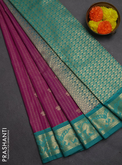 Semi kanchipuram silk saree purple and teal green with allover zari checks & buttas and zari woven border