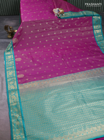Semi kanchipuram silk saree purple and teal green with allover zari checks & buttas and zari woven border