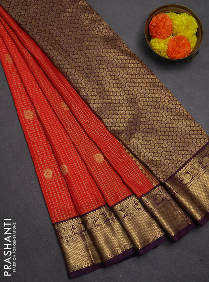 Semi kanchipuram silk saree orange and purple with allover zari checks & paisley buttas and zari woven border
