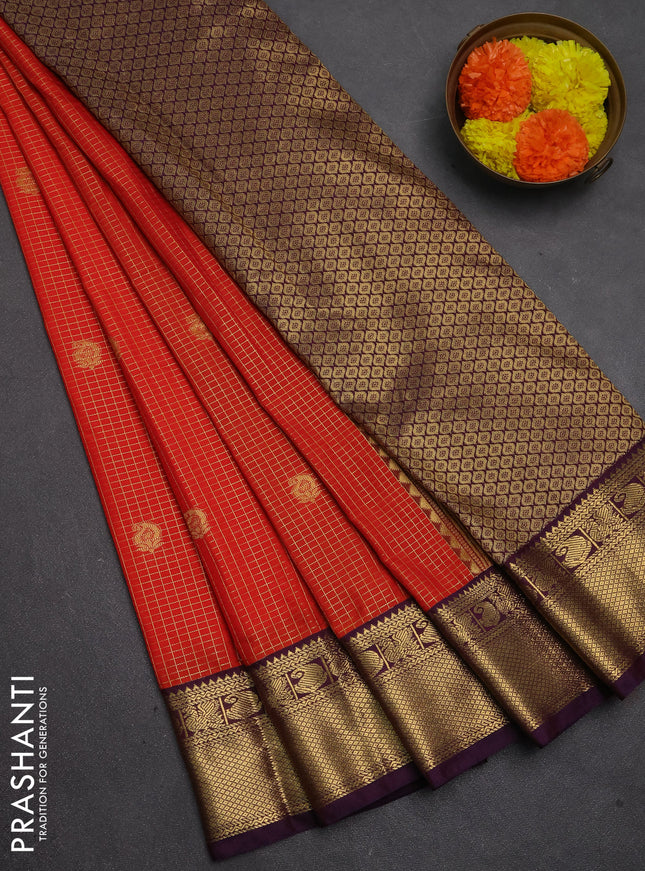 Semi kanchipuram silk saree orange and purple with allover zari checks & paisley buttas and zari woven border