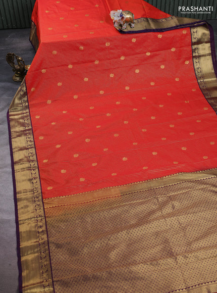 Semi kanchipuram silk saree orange and purple with allover zari checks & paisley buttas and zari woven border