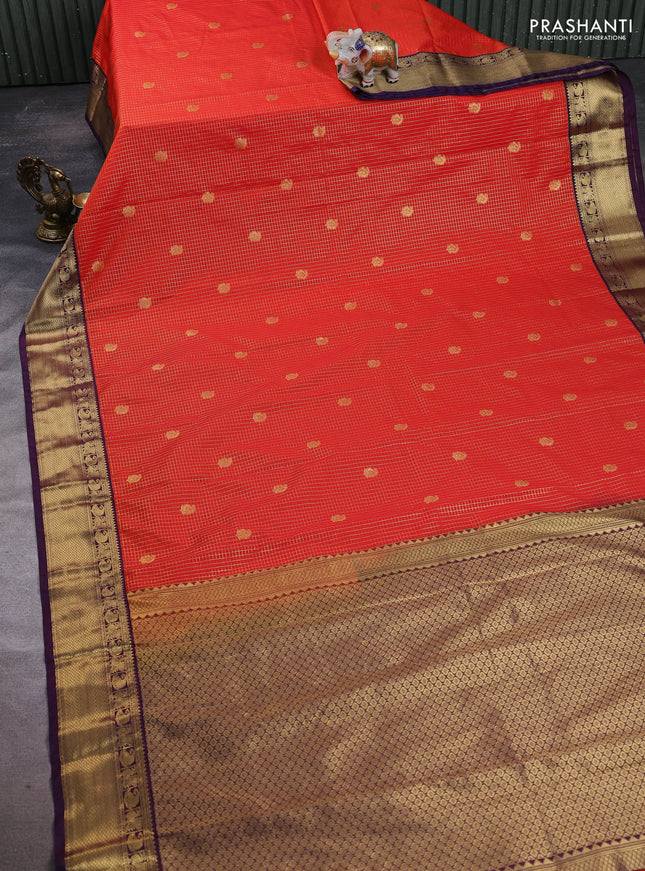 Semi kanchipuram silk saree orange and purple with allover zari checks & paisley buttas and zari woven border