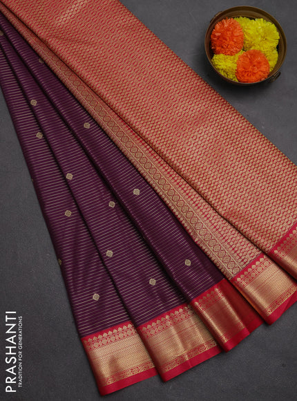 Semi kanchipuram silk saree wine shade and pink with allover zari stripes & buttas and zari woven border