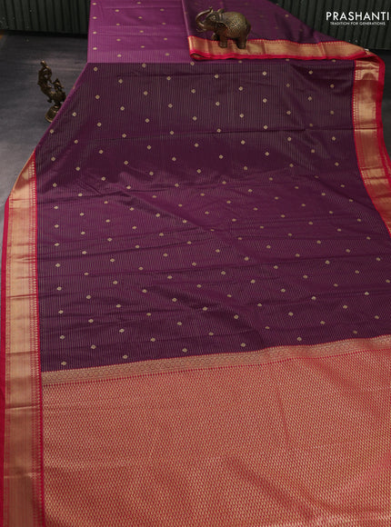 Semi kanchipuram silk saree wine shade and pink with allover zari stripes & buttas and zari woven border