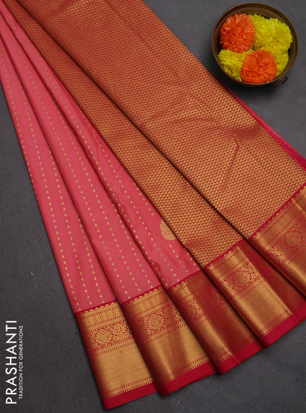 Semi kanchipuram silk saree peach pink and reddish pink with allover zari 1000 buttas and temple design zari woven border