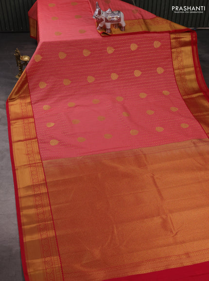Semi kanchipuram silk saree peach pink and reddish pink with allover zari 1000 buttas and temple design zari woven border