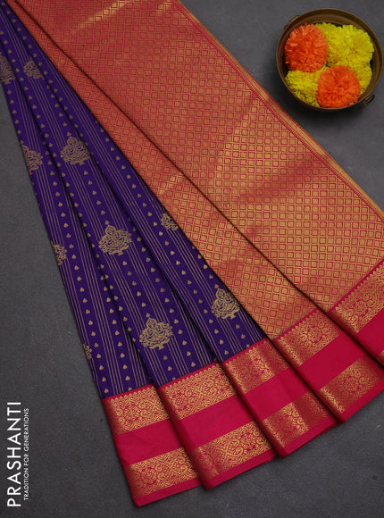 Semi kanchipuram silk saree purple and pink with allover zari weaves & buttas and rettapet zari woven border