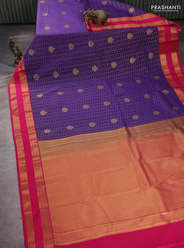 Semi kanchipuram silk saree purple and pink with allover zari weaves & buttas and rettapet zari woven border