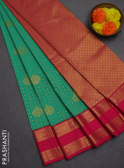 Semi kanchipuram silk saree green and pink with allover zari weaves & buttas and rettapet zari woven border