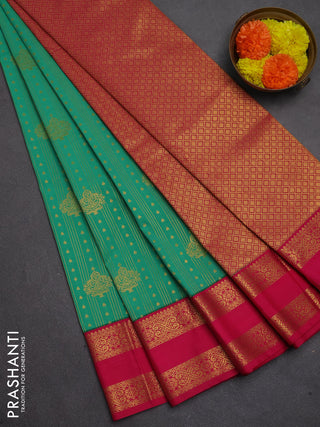 Semi kanchipuram silk saree green and pink with allover zari weaves & buttas and rettapet zari woven border