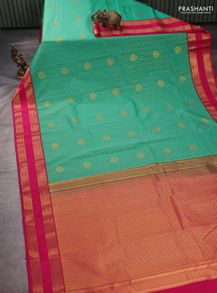 Semi kanchipuram silk saree green and pink with allover zari weaves & buttas and rettapet zari woven border