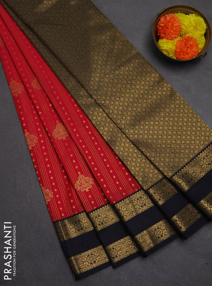 Semi kanchipuram silk saree red and black with allover zari weaves & buttas and rettapet zari woven border