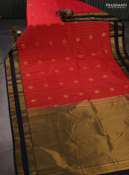 Semi kanchipuram silk saree red and black with allover zari weaves & buttas and rettapet zari woven border