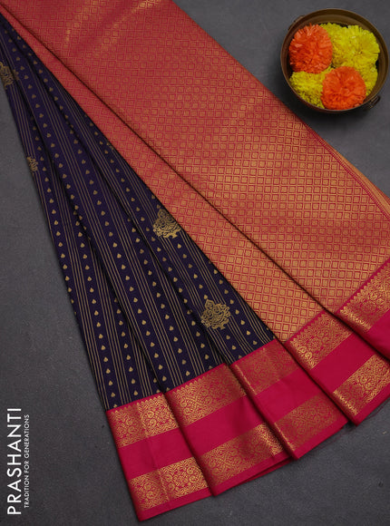Semi kanchipuram silk saree navy blue and pink with allover zari weaves & buttas and rettapet zari woven border
