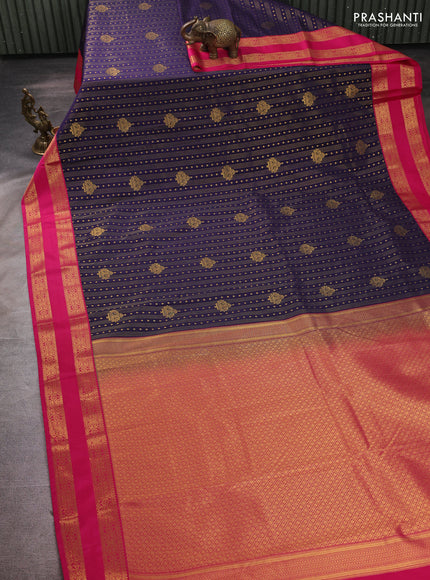 Semi kanchipuram silk saree navy blue and pink with allover zari weaves & buttas and rettapet zari woven border