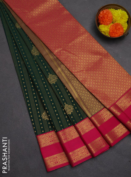 Semi kanchipuram silk saree bottle green and pink with allover zari weaves & buttas and rettapet zari woven border