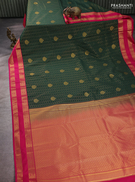 Semi kanchipuram silk saree bottle green and pink with allover zari weaves & buttas and rettapet zari woven border