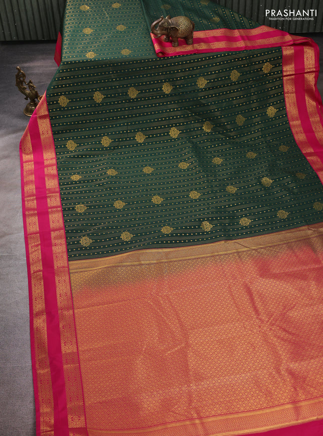 Semi kanchipuram silk saree bottle green and pink with allover zari weaves & buttas and rettapet zari woven border