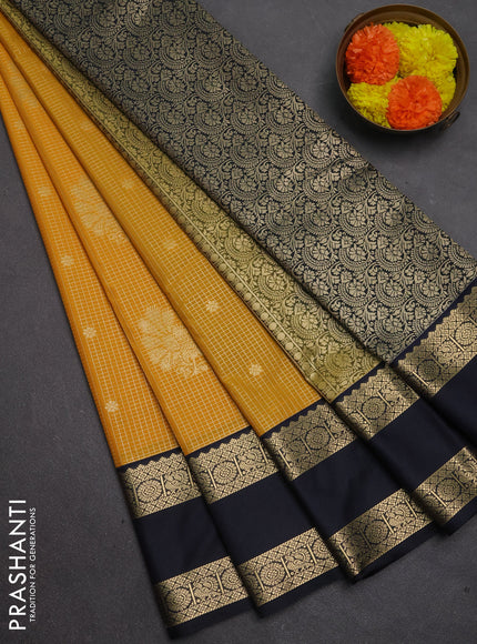 Semi kanchipuram silk saree mustard yellow and deep navy blue with allover small zari checks & buttas and rettapet zari woven border