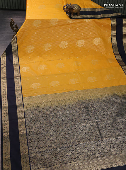 Semi kanchipuram silk saree mustard yellow and deep navy blue with allover small zari checks & buttas and rettapet zari woven border