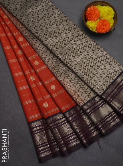 Semi kanchipuram silk saree rust shade and deep purple with allover zari weaves & buttas and zari woven border
