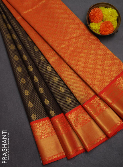 Semi kanchipuram silk saree coffee brown and orange with allover zari weaves & buttas and temple design zari woven border