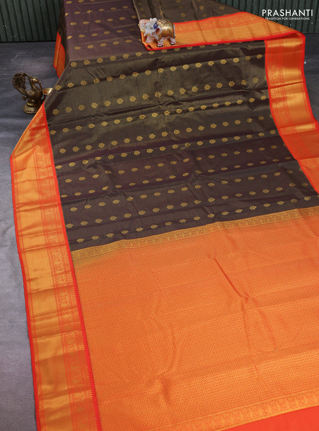 Semi kanchipuram silk saree coffee brown and orange with allover zari weaves & buttas and temple design zari woven border