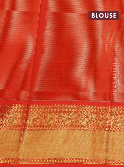 Semi kanchipuram silk saree coffee brown and orange with allover zari weaves & buttas and temple design zari woven border