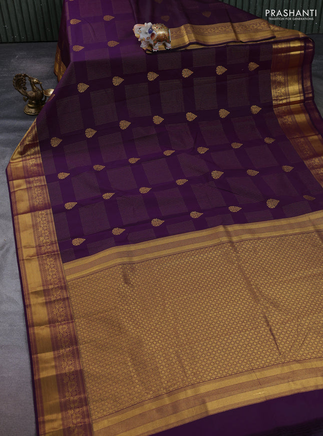 Semi kanchipuram silk saree wine shade with allover zari weaves & buttas and zari woven border