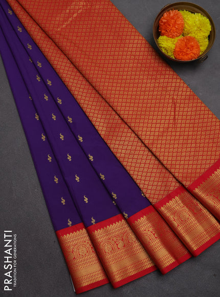 Semi kanchipuram silk saree purple and red with allover zari woven buttas and temple design zari woven border