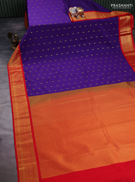 Semi kanchipuram silk saree purple and red with allover zari woven buttas and temple design zari woven border