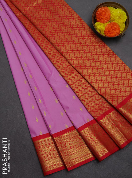 Semi kanchipuram silk saree lotus pink and red with allover zari woven buttas and temple design zari woven border