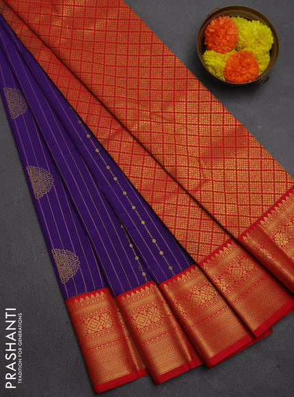 Semi kanchipuram silk saree purple and red with allover zari stripes & buttas and temple design zari woven border