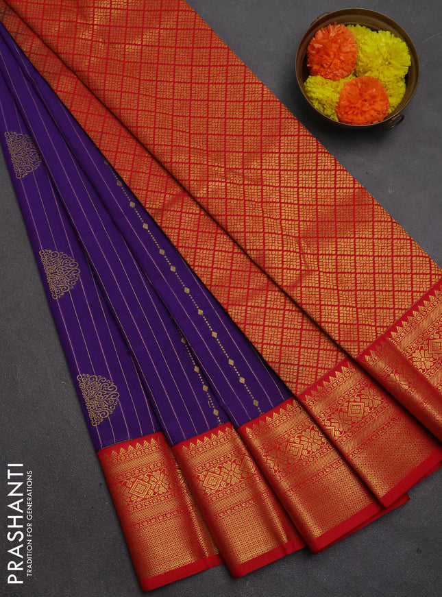 Semi kanchipuram silk saree purple and red with allover zari stripes & buttas and temple design zari woven border