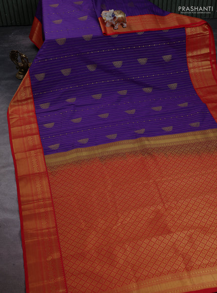 Semi kanchipuram silk saree purple and red with allover zari stripes & buttas and temple design zari woven border